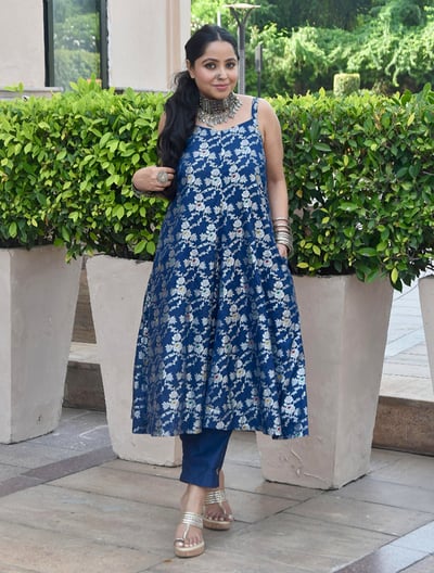 Blue Brocade Flared Kurta Set
