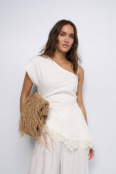 Assymetrical T Shirt with Lace at Hem