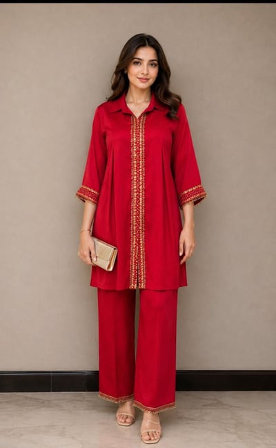 Red Colour Box Pleat Co-Ord Set with Hand Embroidery and Cut Lace on Pure Modal Satin with Palazzo Pants