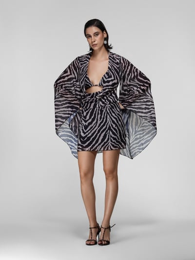 Zebra Print Sheer Cowl Wrap Dress with Bell Sleeves