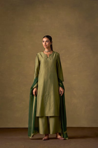 Moss Green Embroidered Kurta Set with Ombre