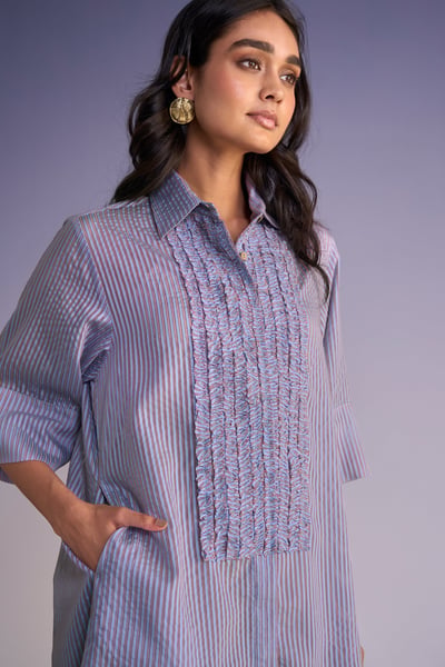 Ruffled Bib Organza Stripe Shirt Dress