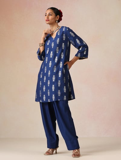Blue Silver Foil Print Muslin Silk Kurta Farsi Pants Set