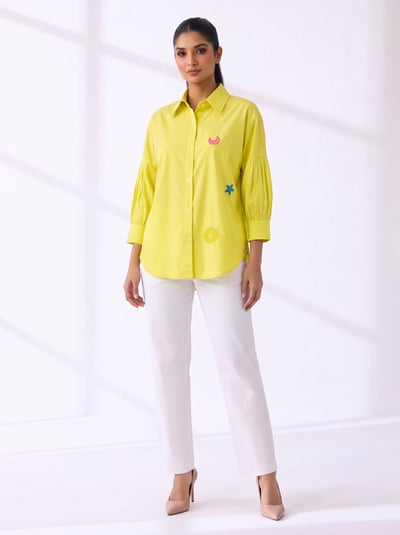 Bright Yellow Shirt with Playful Floral Embroidery