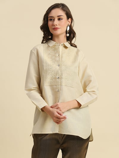 Solid Metallic off White Shirt with Brocade Yolk