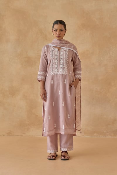 Kota Doria Chikan Embroidery Kurta Set in Adobe Rose