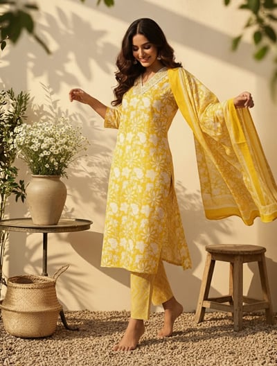 Yellow Floral Print Kurta Pant Dupatta Set