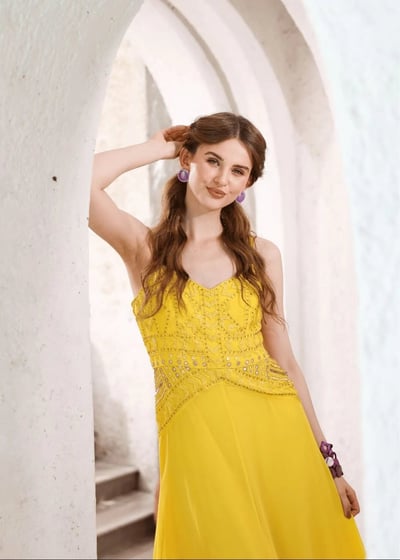 Yellow Hand-Beaded Long Dress