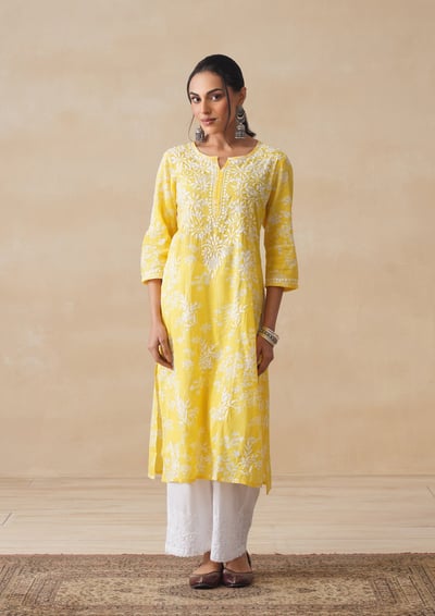 Zainab Chikankari Printed Straight Kurta - Yellow