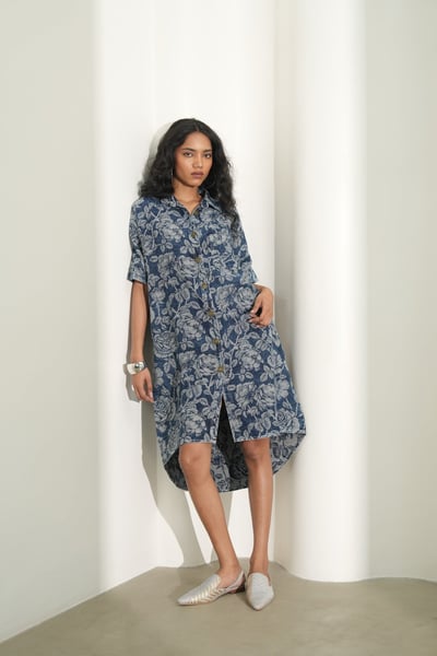 Denim Brocade Floral Design Shirt Dress