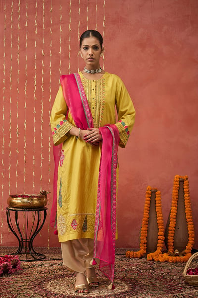 Pragaya - Yellow Embroidered Silk Kali Kurta Set