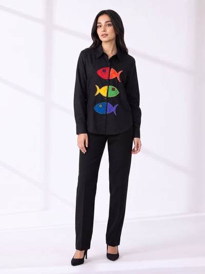 Chic Black Shirt Featuring Vibrant Fish Applique Detailing.