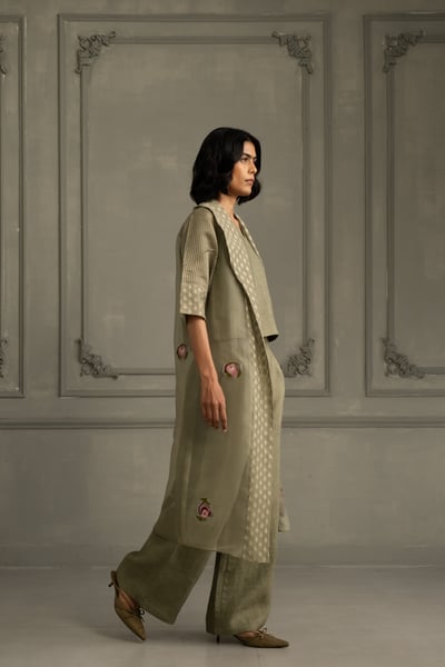 Stone Blue Embroidered Jacket with Top and Pant