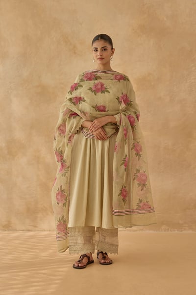 Cotton Slub Kurta Set Plain Dye in Beige