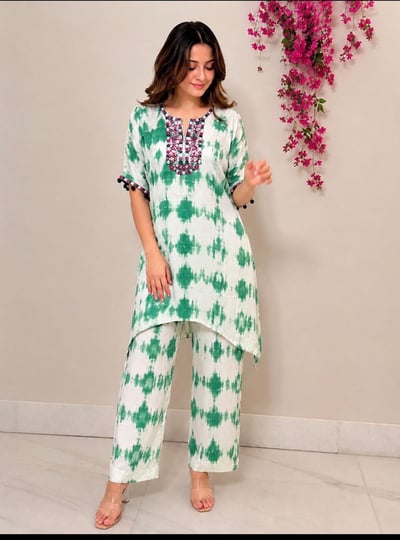 Tie & Dye Green Gota Work on Pure Modal Satin, Kaftan Style, C Cut  with Palazzo Pants
