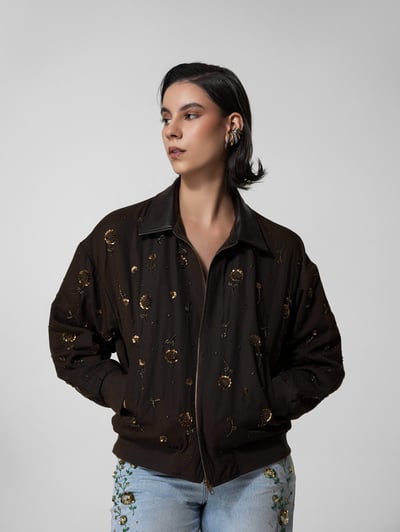 Brown Floral Beaded Cropped Bomber Jacket