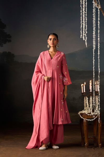 Rose Pink Floral Embroidered Anarkali Set