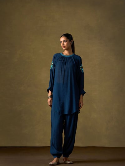 Indigo Embroidered Co-ord Set with Dhoti Pants