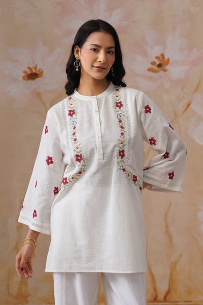 Floral Cross Stitch Embroidered Long Top