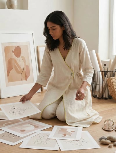 Off White Cotton Linen Angrakha Kurta Pant Set