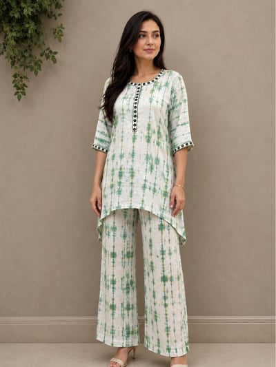 Tie & Dye Green Mirror and Thread Work on Pure Modal Satin, Kaftan Style, C Cut  with Palazzo Pants