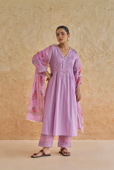Cotton Slub Kurta Set Plain Dye in Purple