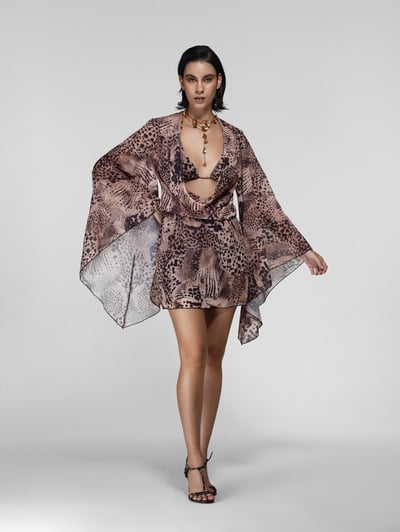 Animal Print Sheer Cowl Wrap Dress with Bell Sleeves