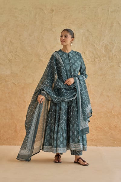 Cotton Gud Buti Layers Kurta Set in Dark Teal