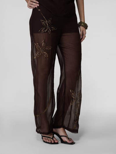 Brown Sheer Drawstring Wide-Leg Pants