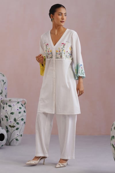 Botanical Embroidered Cotton Linen Kurta Set