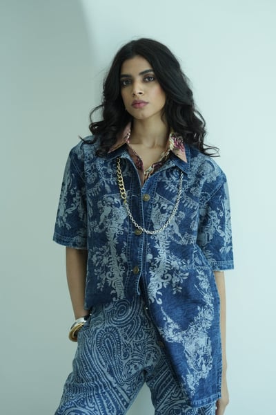 Denim Brocade Ornamental Design Shirt