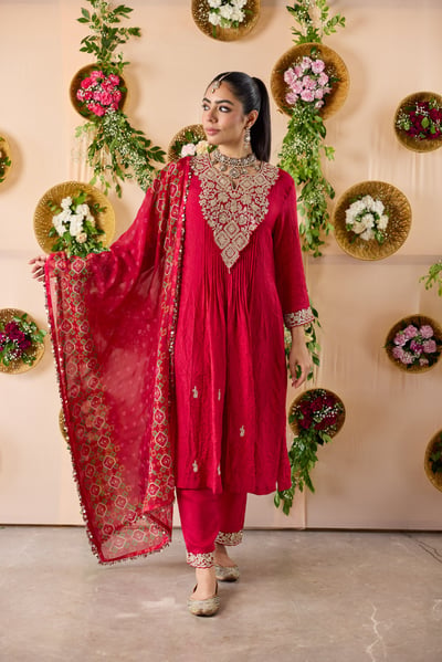 Pintuck Silk Kurta with Pants & Dupatta