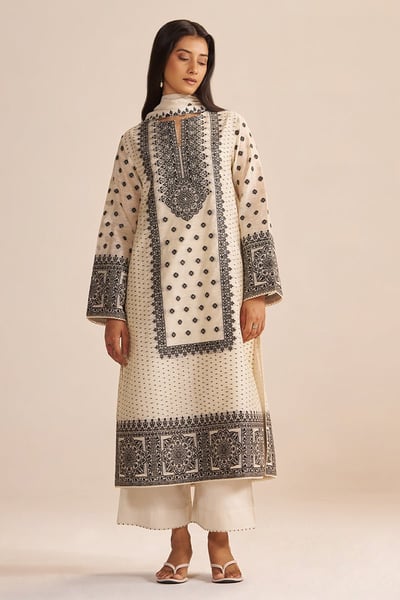 Butter Creame Woven Kurta Set