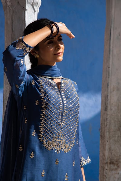 Poppy Cobalt Gota Work Blue Chanderi Suit Set