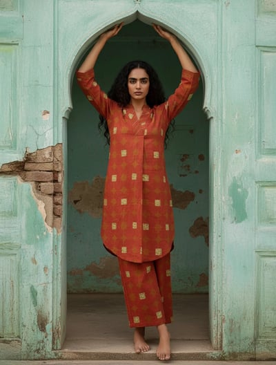 Rust Geometric Print Kurta Pant Set