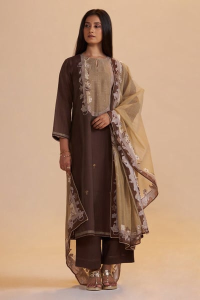 Deep Mahogany Woven Kurta Set