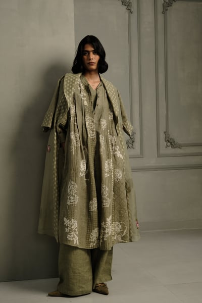 Sage Green Embroidered Jacket with Dress and Pants