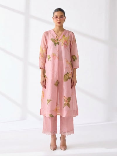 Pink Floral Kota Co-ord Set with Pants and Slip