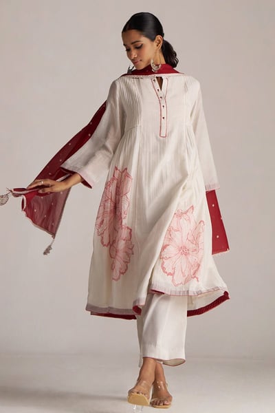 Ivory and Maroon Chanderi Floral Print A-Line Kurta Set
