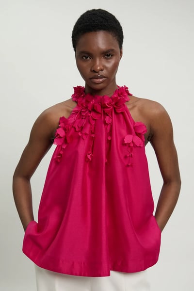 Floral Applique Woven Halter Woven Blouse
