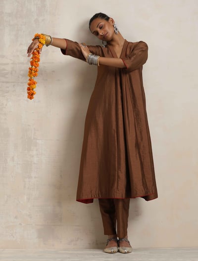 Brown Silk Blend A-Line Kurta Set with Pants