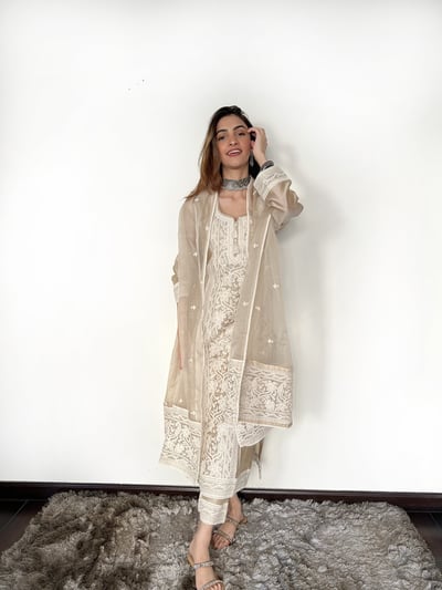 Beige Chanderi Silk Embroidered Kurta Set with Dupatta