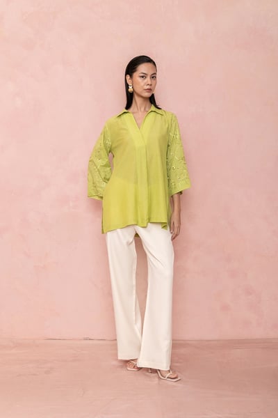 Bright Green Shirt with Embroidered 3/4 Sleeves