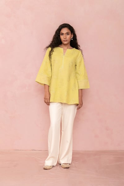 Yellow Cotton Tunic Top with Tonal Embroidery