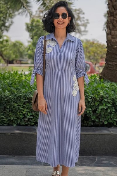 Blue Pinstriped Midi Shirt Dress with Floral Appliqué