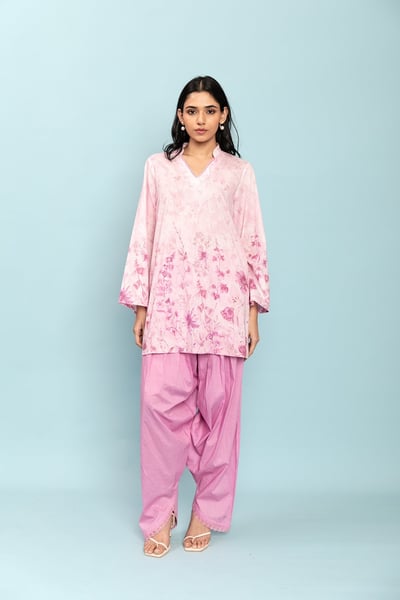 Pastel Pink Floral Printed Cotton Kurta Set with Salwar