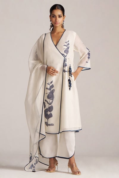 Ivory and Navy Printed Angrakha Chanderi Kurta Set
