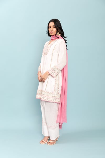 Ivory Cotton Flex Embroidered Kurta Set with Pink Dupatta