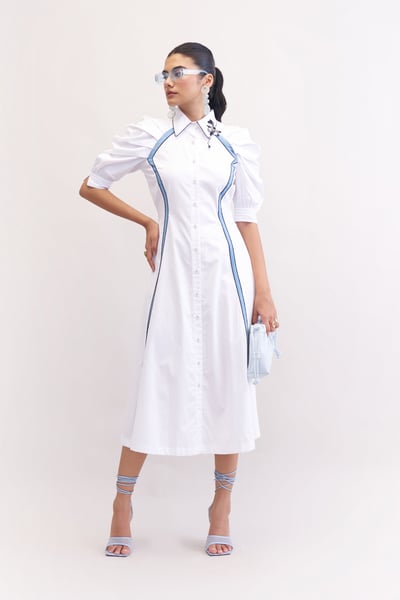 White Midi Shirt Dress with Blue Side Panels
