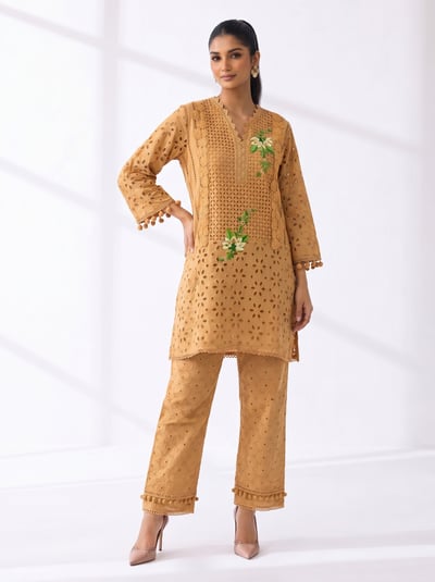 Orange Cotton Cutwork Kurta Set with Floral Embroidery